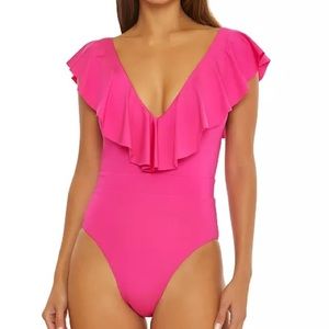 NWT Trina Turk Monaco Ruffled Plunge One-Piece Swimsuit, Geranium Orange, 12